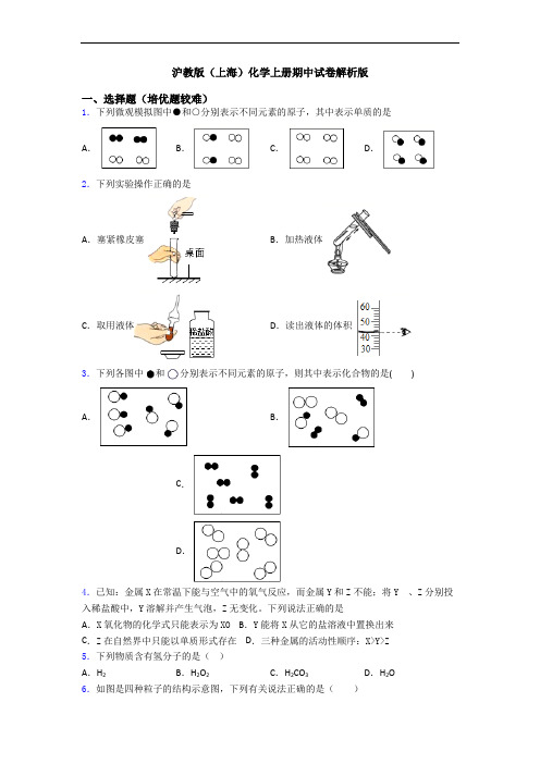 沪教版(上海)化学初三化学上册期中试卷解析版