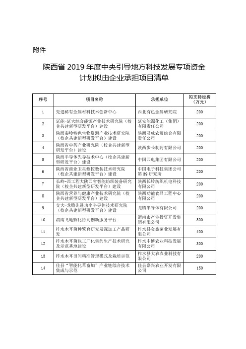 陕西省2019年度中央引导地方科技发展专项资金计划拟由企业承担项目清单【模板】