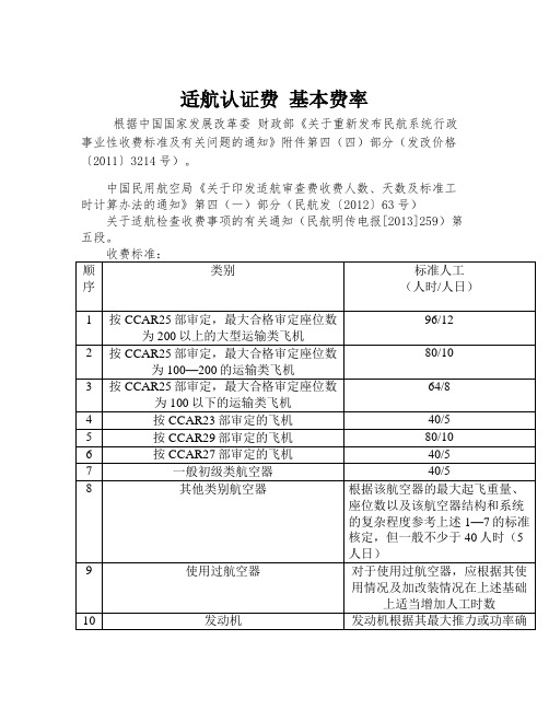 适航认证费 基本费率