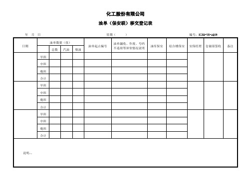 化工股份有限公司油单(保安联)移交登记表