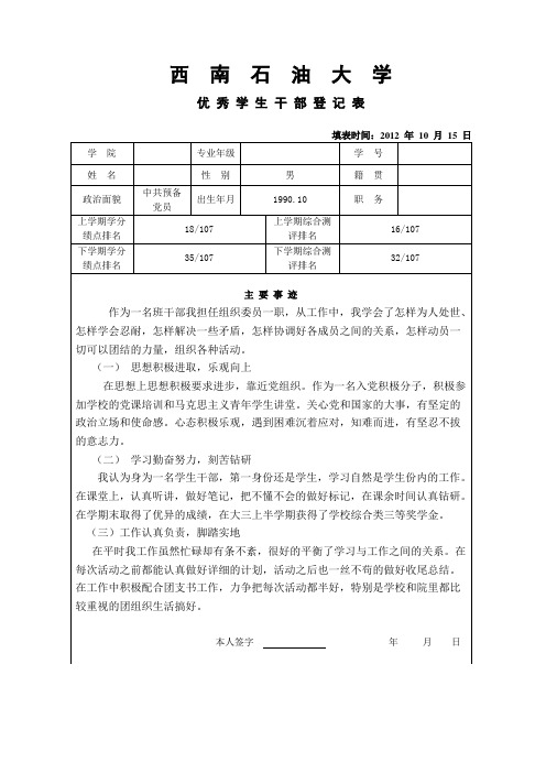 优秀干部登记表