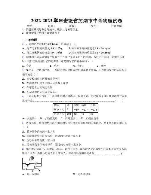 最新2022-2023学年安徽省芜湖市中考物理试卷及解析