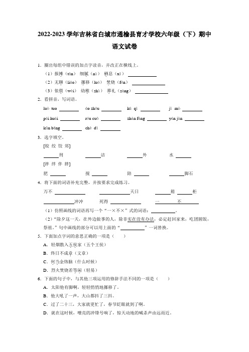 吉林省白城市通榆县育才学校2022-2023学年六年级下学期期中语文试题