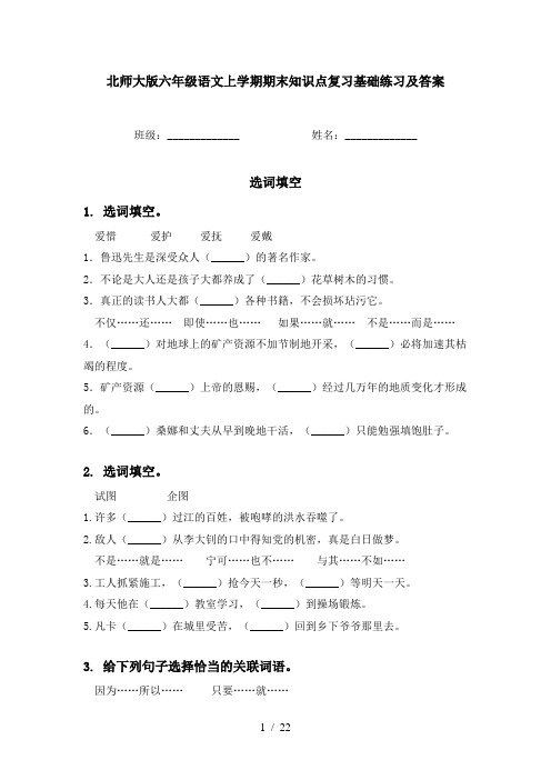 北师大版六年级语文上学期期末知识点复习基础练习及答案