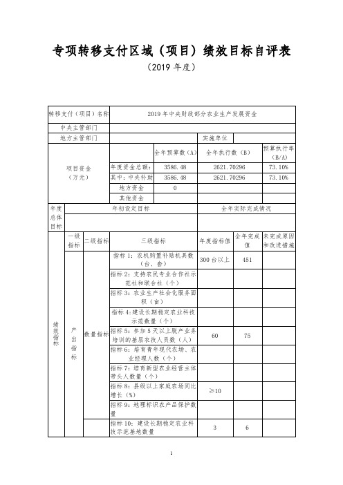 专项转移支付区域(项目)绩效目标自评表 