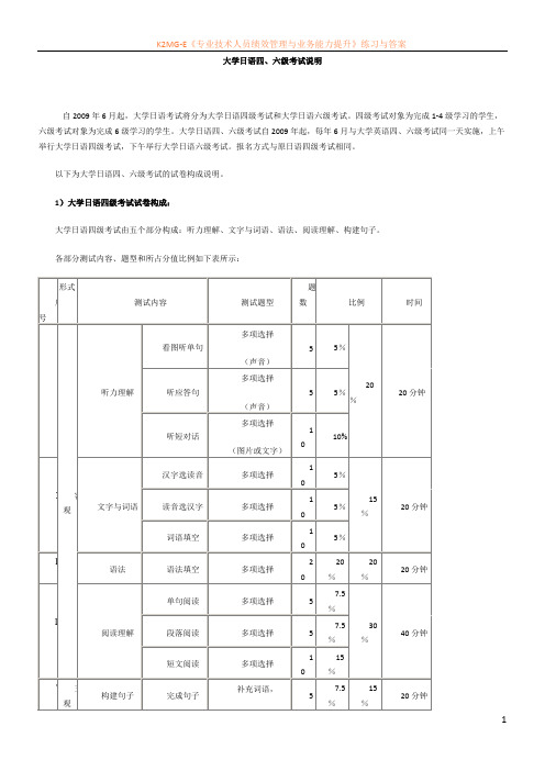 大学日语四六级试卷构成