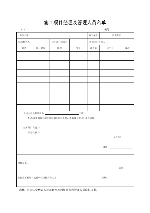 工程项目管理机构及管理人员名单