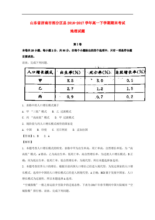 山东省济南市部分区县高一地理下学期期末考试试题(含解析)