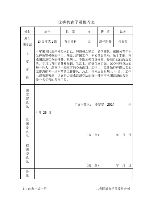 优秀共青团员推荐表