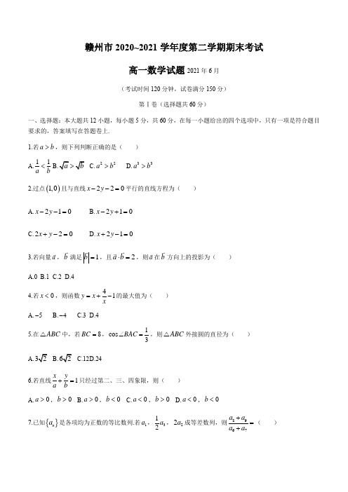 江西省赣州市2020-2021学年高一下学期期末考试数学试题 (含答案)