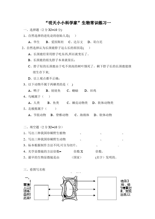 “明天小小科学家”生物笔试题目