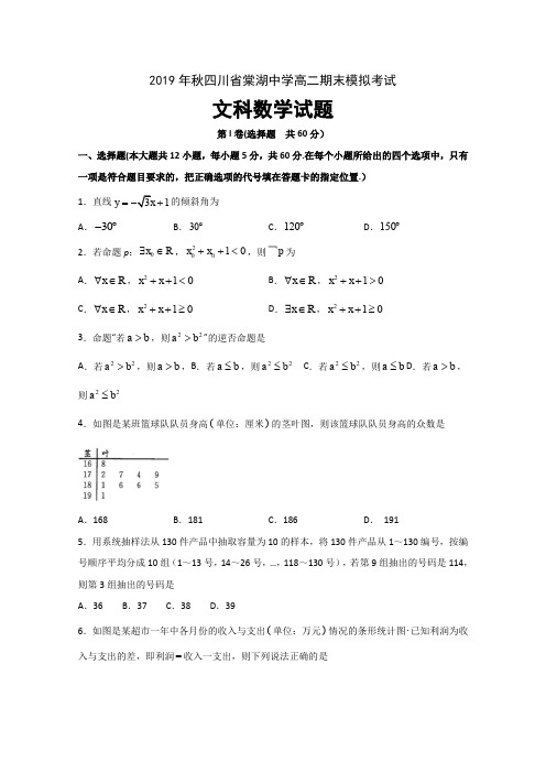 2019-2020学年四川省棠湖中学高二上学期期末模拟数学(文)试题 含答案