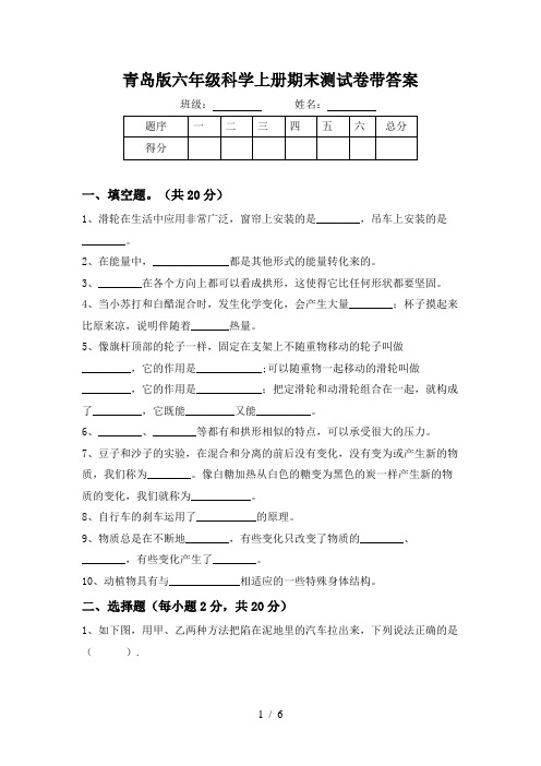 青岛版六年级科学上册期末测试卷带答案