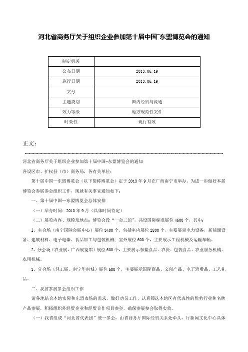 河北省商务厅关于组织企业参加第十届中国―东盟博览会的通知-