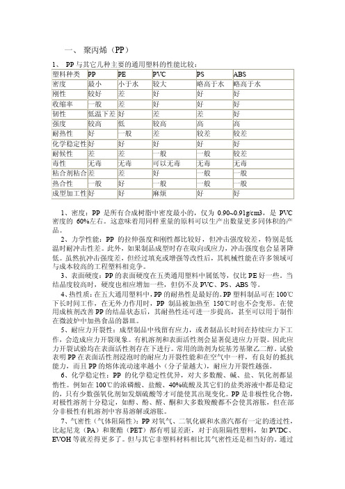 一、聚丙烯（PP）1、PP与其它几种主要的通用塑料的性能比较：塑料