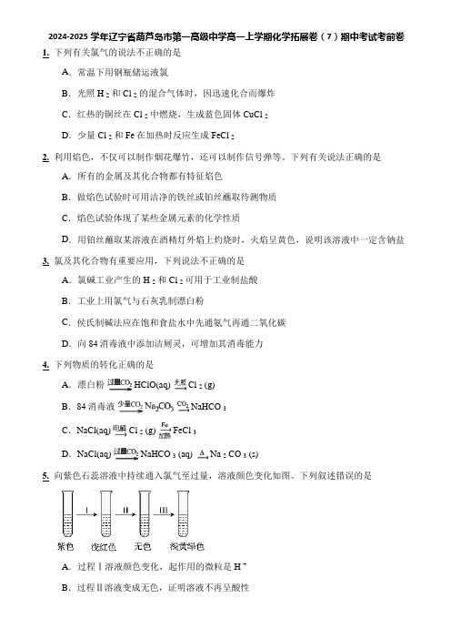 2024-2025学年辽宁省葫芦岛市第一高级中学高一上学期化学拓展卷(7)期中考试考前卷