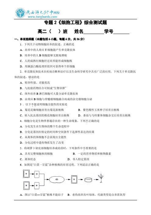 专题2细胞工程单元测试题