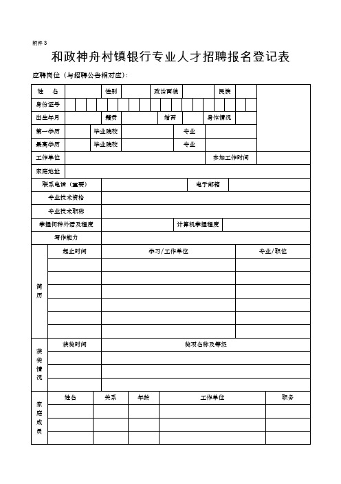 兰州农商银行专业人才招聘报名登记表