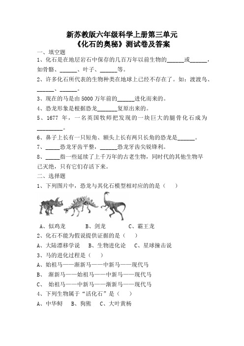 新苏教版六年级科学上册第三单元《化石的奥秘》测试卷及答案