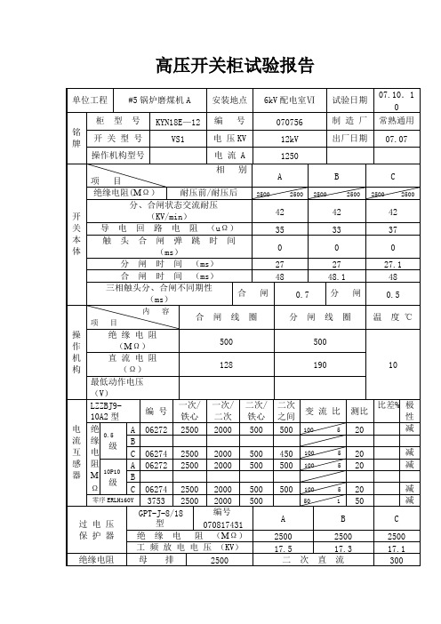 高压开关柜试验报告(完)