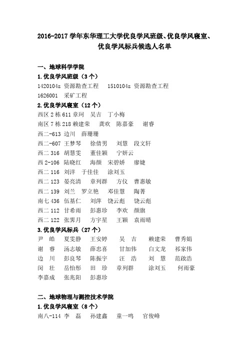 2016-2017学年东华理工大学优良学风班级、优良学风寝室、