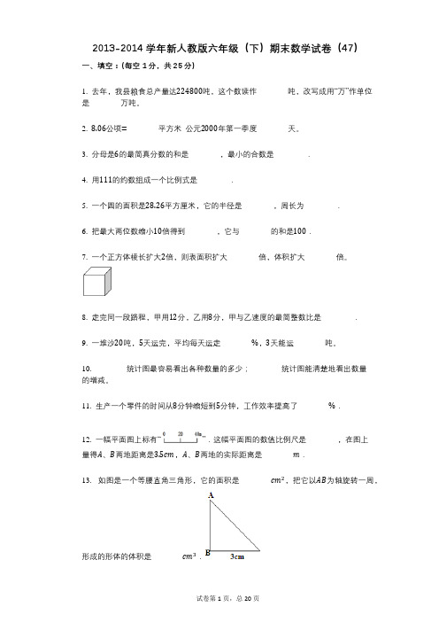 小学数学-有答案-新人教版六年级(下)期末数学试卷(47)