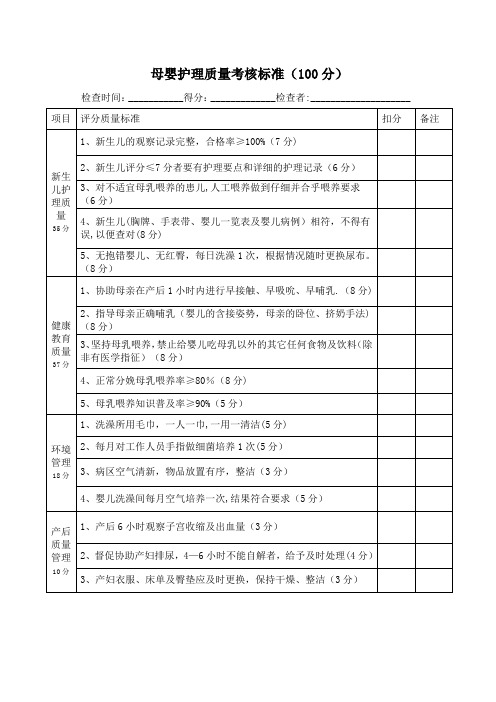 母婴护理质量考核标准