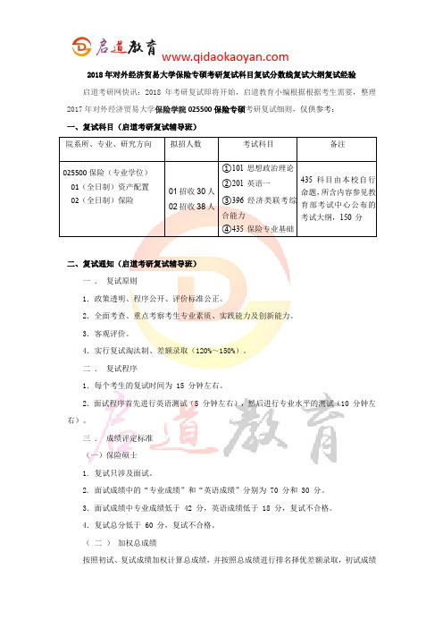 2018年对外经济贸易大学保险专硕考研复试科目复试分数线复试大纲复试经验