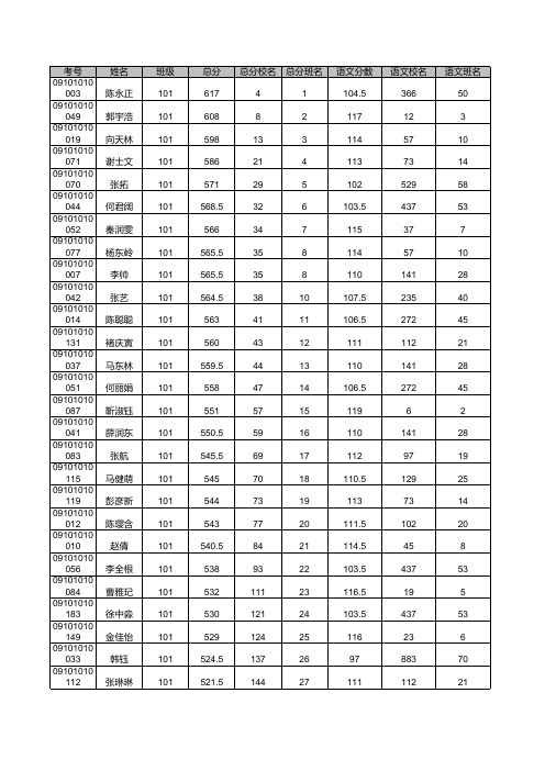 方城一高_理科总成绩_各班