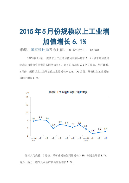 2015年5月份规模以上工业增加值增长6.1%