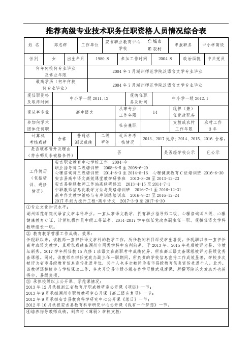 推荐高级专业技术职务任职资格人员情况综合表