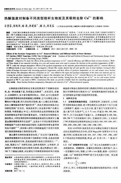 热解温度对制备不同类型秸秆生物炭及其吸附去除Cu^2+的影响