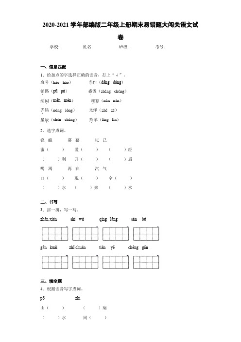 2020~2021学年部编版二年级上册期末易错题大闯关语文试卷