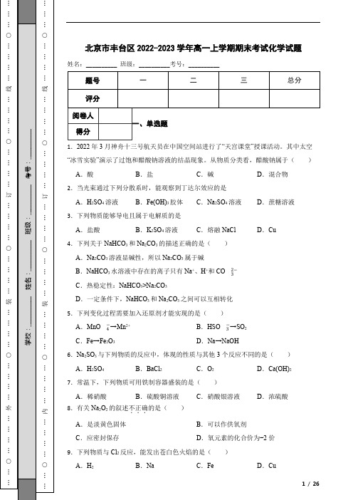 北京市丰台区2022-2023学年高一上学期期末考试化学试题