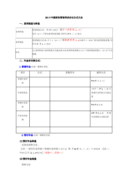 2019中级财务管理考试必记公式大全