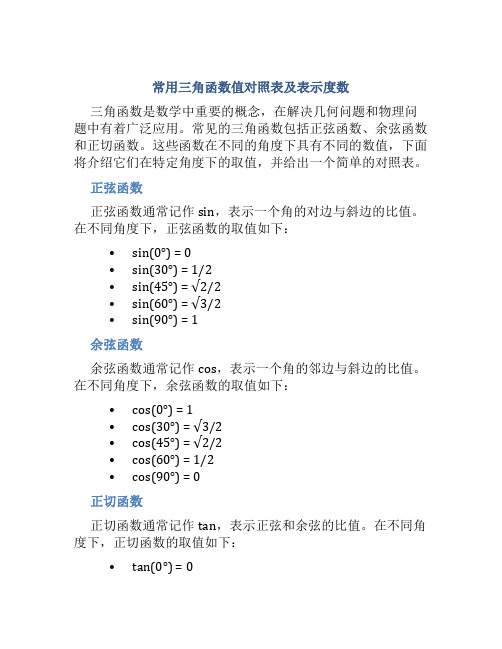 常用三角函数值对照表兀表示度数