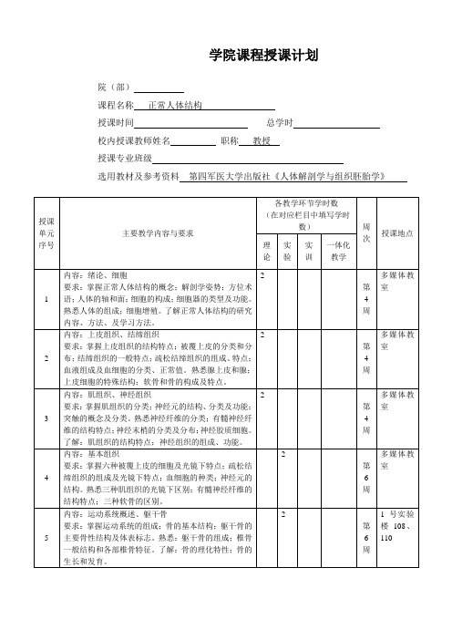 正常人体结构授课计划