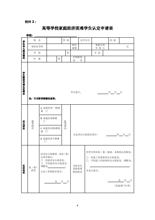 高等学校家庭经济困难学生认定申请表(模板)