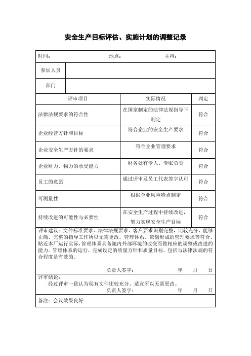 安全生产目标评估、实施计划的调整记录表