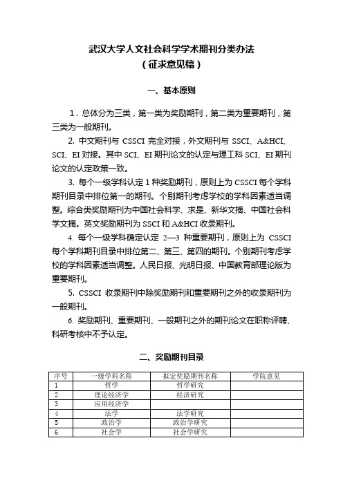 《武汉大学人文社会科学学术期刊分类办法》