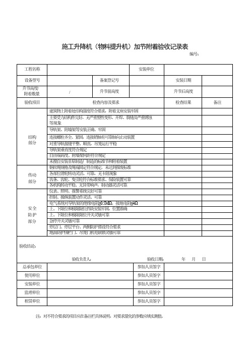 施工升降机(物料提升机)加节附着验收记录表