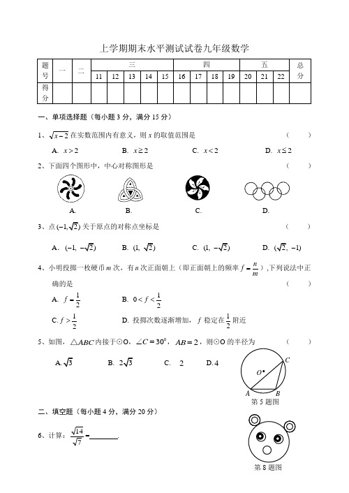 苏教版上学期期末水平测试试卷九年级数学附答案