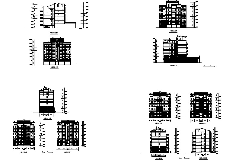 某新建小区7层砖混结构民居住宅楼立剖面设计CAD图纸（4套方案）