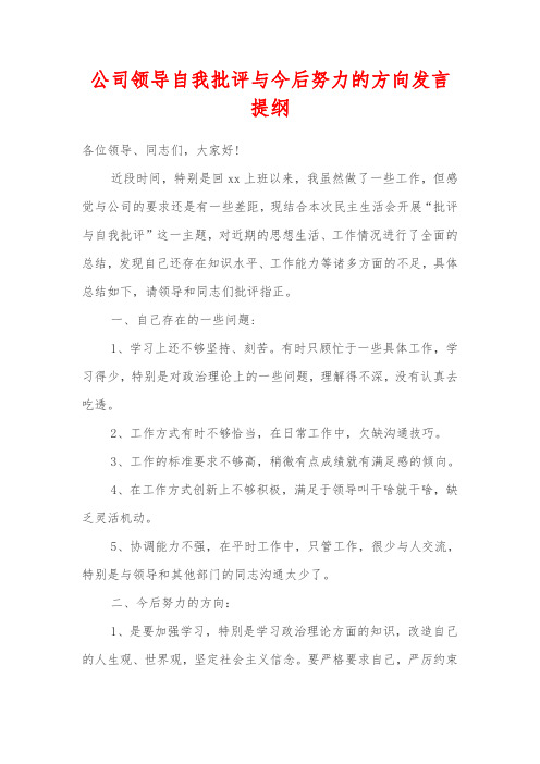 公司领导自我批评与今后努力的方向发言提纲