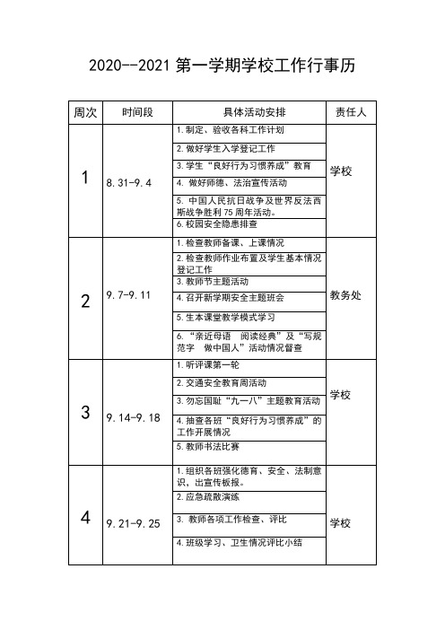 后山小学2020--2021第一学期小学学校工作行事历