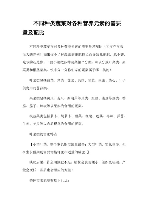 不同种类蔬菜对各种营养元素的需要量及配比