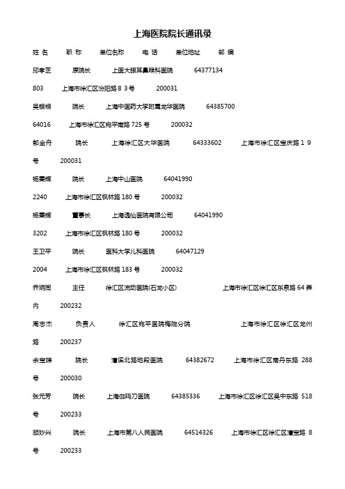 上海医院院长通讯录