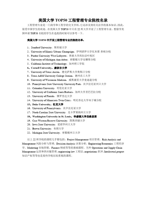 美国大学TOP50工程管理专业院校名录