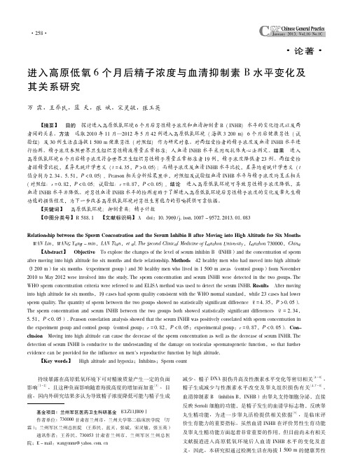 进入高原低氧6个月后精子浓度与血清抑制素B水平变化及其关系研究