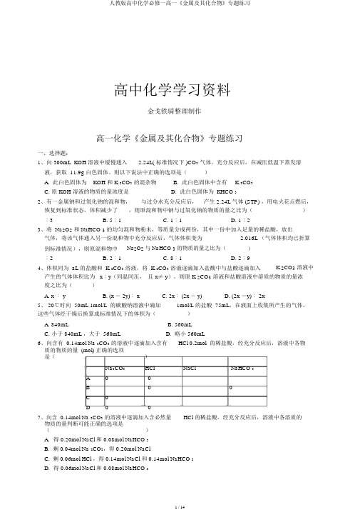 人教版高中化学必修一高一《金属及其化合物》专题练习